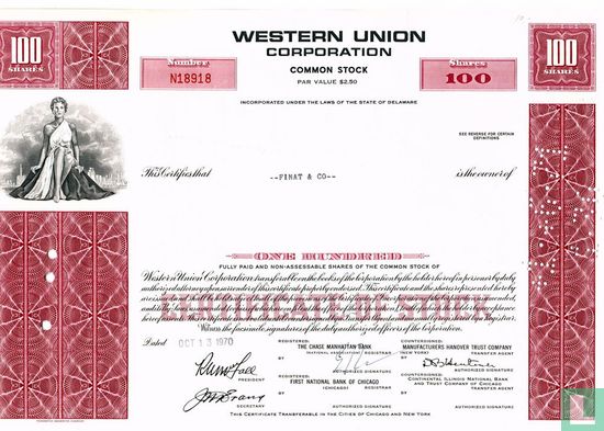 Western Union Corporation, Certificate for 100 shares, Common stock