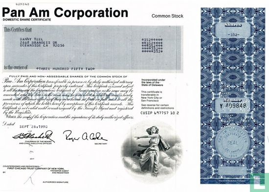 Pan Am Corporation, Domestic share certificate, Common stock