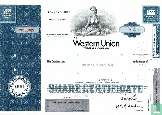 The Western Union Telegraph Company, Certificate for less than 100 shares, Common stock