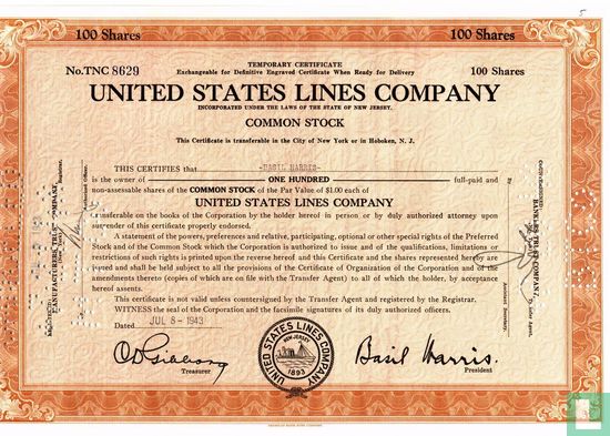 United States Lines Company, Temporary certificate for 100 shares, Common stock