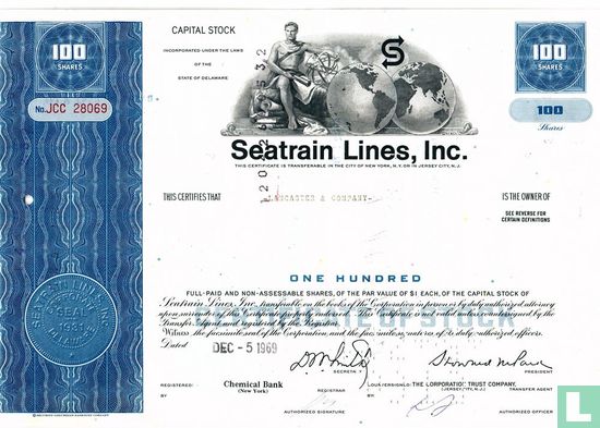 Seatrain Lines, Inc., Certificate for 100 shares, Capital stock