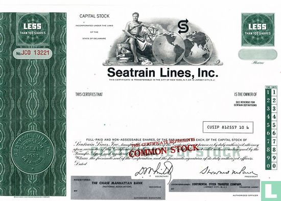 Seatrain Lines, Certificate for less than 100 shares, Capital stock