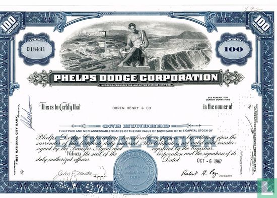 Phelps Dodge Corporation, Certificate for 100 shares, Capital stock