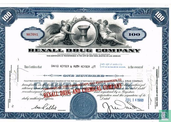 Rexall Drug Company, Certificate for 100 shares, Capital stock