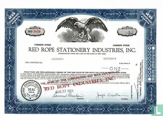 Red Rope Stationery Industries, Inc., Certificate for less than 100 shares, Common stock, met naamswijziging