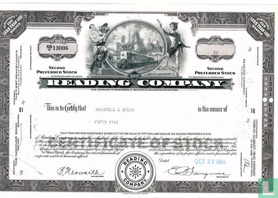 Reading Company, Certificate for less than 100 shares, Second preferred stock