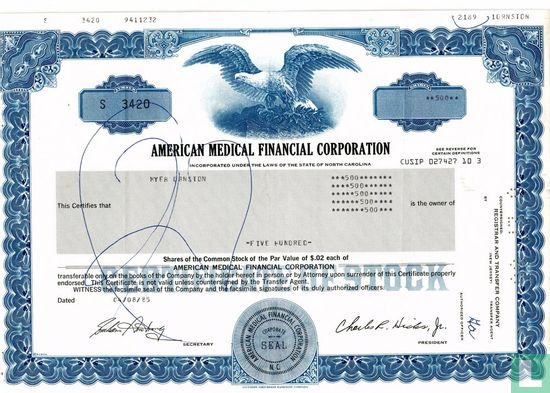 American Medical Financial Corporation, Share certificate, Common stock