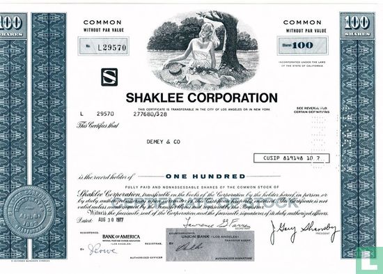 Shaklee Corporation, Certificate for 100 shares, Common stock