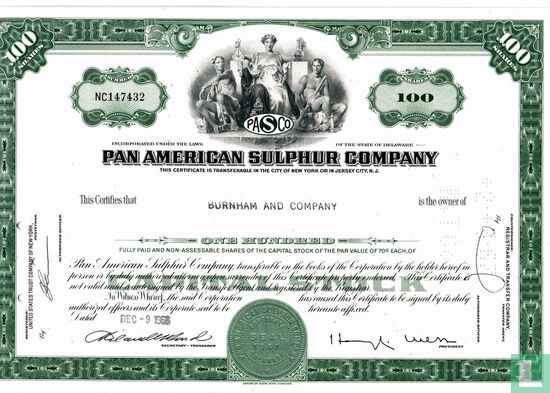 Pan American Sulphur Company, Certificate for 100 shares, Capital stock