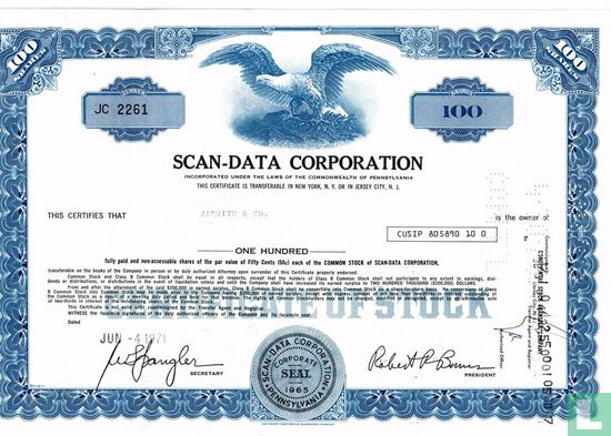 Scan-Data Corporation, Certificate for 100 shares, Common stock