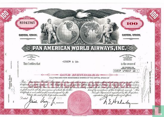 Pan American World Airways, Inc., Certificate for 100 shares, Capital stock