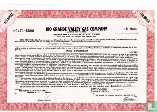 Rio Grande Valley Gas Company, Common stock voting trust certificate for 100 shares