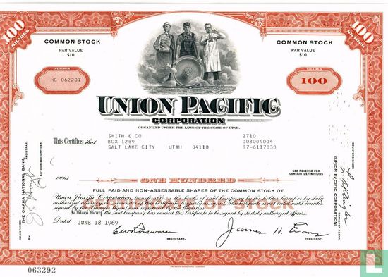 Union Pacific Corporation (UPC), Certificate for 100 shares, Common stock