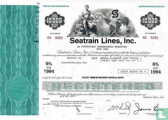 Seatrain Lines, 6% Convertible Subordinated Debenture, S 10.000,=, due 1994