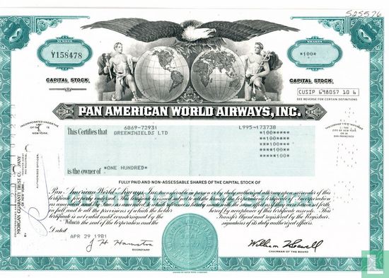 Pan American World Airways, Share certificate, Capital stock