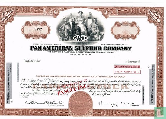 Pan American Sulphur Company, Certificate for less than 100 shares, Capital Stock, blankette