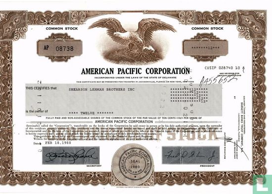 American Pacific Corporation, Share certificate, Common stock