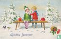 Gelukkig Nieuwjaar: Kinderen op bankje in de sneeuw - Afbeelding 1
