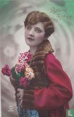 Bonne Année: Vrouw met rode jas, bontkraag en anjers - Afbeelding 1