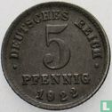 Duitse Rijk 5 pfennig 1922 (F) - Afbeelding 1