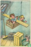 twee jongetjes in zelfgemaakt vliegtuig - Afbeelding 1