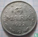 Deutsches Reich 3 Mark 1922 (G) "3rd anniversary Weimar Constitution" - Bild 1