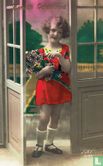Hartelijk gefeliciteerd - Meisje in rood jurkje met bloemen - Image 1