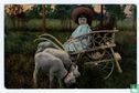 Meisje in kruiwagen met schaapjes - Afbeelding 1