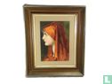 Antiek waterverfportret vrouw in het rood