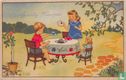 Jongen en meisje drinken thee met pop aan tafel in tuin - Image 1