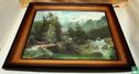 Linnen kunstdruk Alpenlandschap motief met een mooie houten lijst 61,5 x 51cm - Afbeelding 2