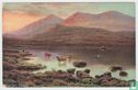 Painting Lake Cows Boat Mountains Sunset Postcard - Afbeelding 1