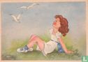 Meisje ligt in gras, meeuwen vliegen langs - Afbeelding 1