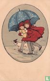 Twee meisjes met rode jassen onder blauwe paraplu - Afbeelding 1