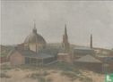 Café Bellevue, de Oude Kerk aan de Keizerstraat en de vuurtoren van Scheveningen: Panorama van Scheveningen (detail), 1881 - Afbeelding 1