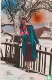Jonge dame met blauwe jas met bouquet rozen in winterlandschap en oranje zon(rechts kijkend) - Afbeelding 1