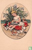 Meisje met dienblad op schoot omringd door konijntjes - Image 1