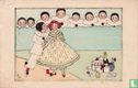Pierrot met meisje en cadeautjes, acht pierrots kijken over heg - Image 1