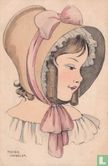 Portret van meisje met pijpekrullen en hoed met roze strik - Bild 1