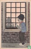 Jongen met bloemen kijkt door raam naar silhouette meisje - Afbeelding 1