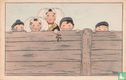 Vijf kinderen in klederdracht achter houten schutting - Image 1