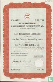 Rijn-Schelde-Verolme Machinefabrieken en Scheepswerven N.V., Niet-royeerbaar Certifikaat aan toonder van Een gewoon Aandeel op naam, 100,= Gulden