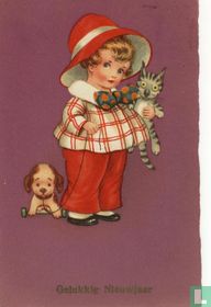 Meisje met knuffelbeest en hond op wieltjes