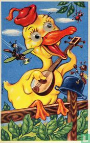 Eendje met gitaar zittend op hekje