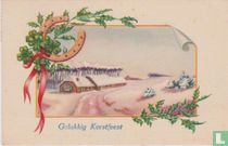Gelukkig Kerstfeest-Boerderij in sneeuwlandschap en hoefijzer