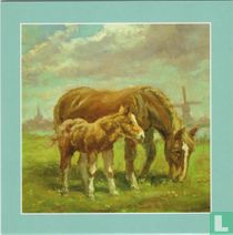Paard met veulen in wei
