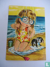 Meisje op strand onder douche (knipoog)