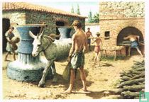 De Romeinse molen, doorgaans uit basaltsteen, bestond uit twee stenen...