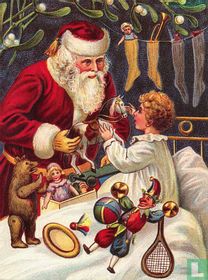 Santa Claus gives presents to child in bed