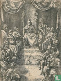 Klassieke voorstelling met een koning op zijn troon 